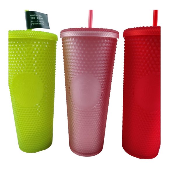 Lot of 3 Starbucks Studded Tumblers 24 Ounces Pink Red Glow In The Dark Neon - Picture 2 of 12